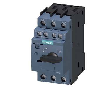 Elektrischer Leistungsschalter in Schwarz und Blau von Siemens, mit mehreren Klemmen und ON-OFF-Schalter, seitliche Ansicht.