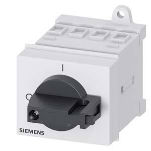 Ein quadratischer, weißer elektrischer Schalter von Siemens mit einem schwarzen Drehgriff, geeignet für industrielle Anwendungen.