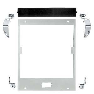 Metallrahmen mit schwarzem Balken oben und seitlichen Scharnieren für die Befestigung, vermutlich Teil einer mechanischen Struktur.