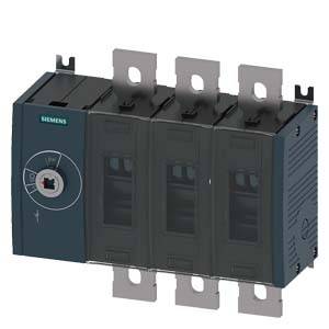 Ein elektrischer Schalter von Siemens, grau, mit vier vertikalen Schaltelementen und einem runden Bedienknopf auf der linken Seite.