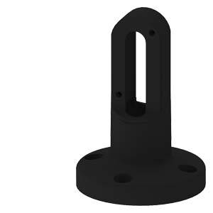 Schwarzes Halterungselement mit einer runden Basis, drei Schraublöchern und einem senkrechten, rechteckigen Schlitz.