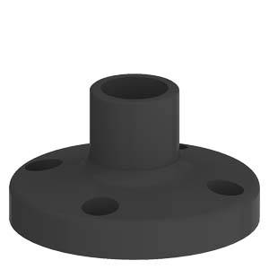 Schwarzer Rohrflansch mit zylindrischer Öffnung und mehreren Befestigungslöchern auf der Flanschfläche.