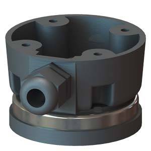 Grau-blaues zylindrisches Maschinenteil mit vier Schraubenlöchern und einem seitlichen Anschluss. Verwendet für industrielle Anwendungen.