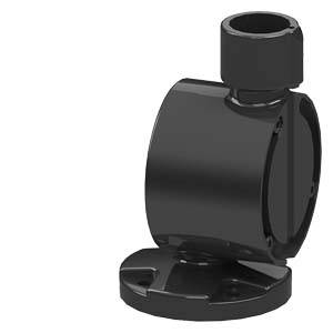 Schwarze Metallhalterung mit zylindrischem Gelenk oben und runder Basis unten. Verwendung für Montage- oder Befestigungszwecke.