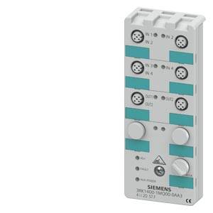 Ein weißes Siemens IO-Modul mit Beschriftungen 'IN 1-4', 'OUT 1-2', Anschlüssen und Tasten. Verwendet in automatisierter Steuerung.