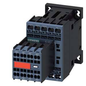Ein elektrisches Schütz von Siemens mit Anschlussklemmen oben und unten. Vorderseite zeigt eine rote Markierung für den Status.