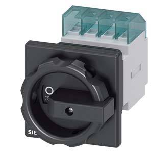 Schalter mit rundem Drehknopf in Position '0', auf einer rechteckigen Platte montiert, mit vier elektrischen Anschlüssen hinten.