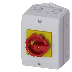 Ein roter Drehschalter auf einem grauen Gehäuse, verwendet zum Ein- und Ausschalten elektrischer Kreise, mit gelber Hintergrundplatte.