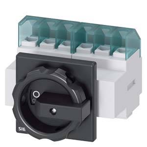Ein elektrischer Schalter mit einem drehbaren schwarzen Griff und mehreren Anschlussklemmen auf der Oberseite.