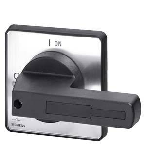 'Schalter auf ON-Stellung' mit schwarzem Hebel; quadratische Basis; möglicherweise elektrisch. Wichtiger Bedienelement, Marke Siemens.