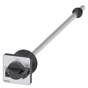 Ein Schalter mit Hebel von Siemens, in der Position 'ON'. Rechteckige, graue Basis mit schwarzem Griff. Hebel ragt seitlich heraus.