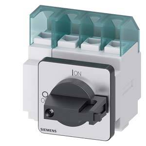 Ein grauer Drehschalter von Siemens mit den Positionen 'ON' und 'OFF' auf einem weißen Gehäuse, geeignet für elektrische Steuerungsanwendungen.