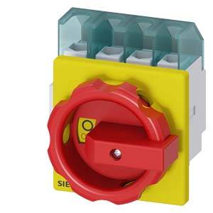 Ein roter Sicherheitsschalter mit gelber Basis und vier Anschlussklemmen. Er dient zur Steuerung und Trennung elektrischer Geräte.