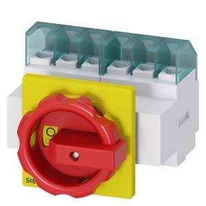 Ein roter Not-Aus-Schalter auf einer gelben Basis für elektrische Sicherheitsvorrichtungen. Konzipiert zum schnellen Abschalten von Systemen.