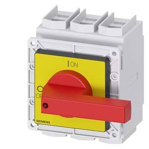 Ein roter Not-Aus-Schalter mit gelbem Hintergrund, gekennzeichnet mit 'ON' oben und 'OFF' unten, von Siemens.