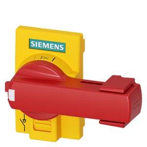 Ein roter Hauptschalter von Siemens in der Position 'Aus' auf gelbem Hintergrund.