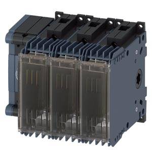 Darstellung eines dreiphasigen Leistungsschalters mit transparenten Abdeckungen für industrielle Elektroanwendungen.