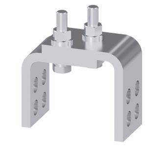 Eine U-förmige metallische Halterung mit Bolzen und Löchern an den Seiten für Befestigungszwecke.