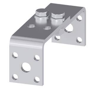 Metallwinkelhalterung mit mehreren Bohrlöchern und zwei Schrauben auf der Oberseite. Verwendet zur Befestigung in technischen Anwendungen.