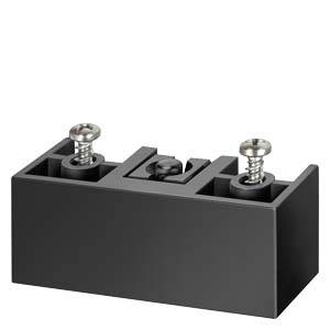 Schwarze Blockklemme mit zwei silbernen Schrauben oben, zur Befestigung von Kabeln in elektrischen Anwendungen.