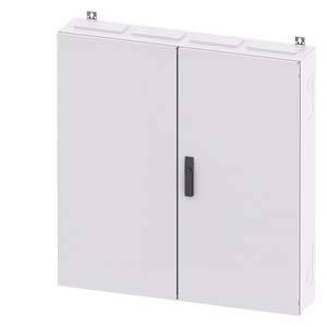 Metallschrank mit zwei Türen und schwarzem Griff, an der Wand montiert. Weiße Oberfläche, geeignet zur Aufbewahrung von Elektrokomponenten.