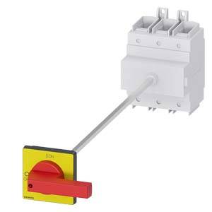 Drehschalter mit rotem Hebel und gelbem Hintergrund, ausgelegt für das Ein- und Ausschalten elektrischer Geräte.