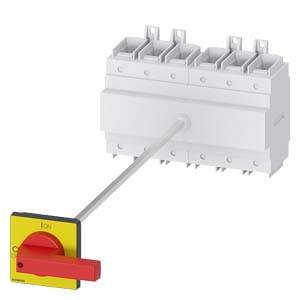 Ein elektrischer Lasttrennschalter mit rotem Griff und gelbem Schild. Der Schalter ist in der 'Aus'-Position.
