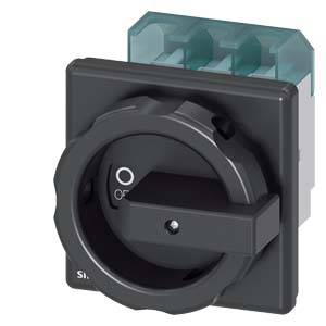 Ein schwarzer Drehschalter mit einem Griff, um zwischen Positionen 'O' und 'I' zu wechseln, montiert auf einer grauen Basis.