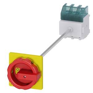 Elektrischer Hauptschalter mit rotem Drehknopf auf gelbem Hintergrund, verbunden mit weißem Gehäuse und grünem Anschlussblock.