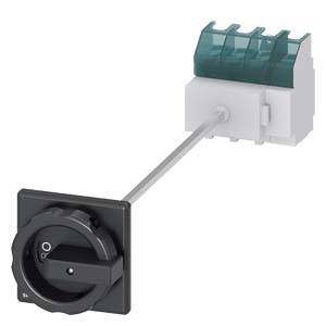 Ein schwarzer Drehschalter mit Verlängerung, verbunden mit einem weißen elektrischen Modul mit grünen Klemmen, vor weißem Hintergrund.