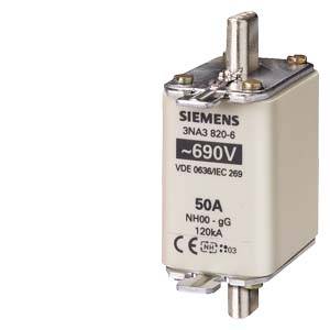 Ein NH-Sicherungseinsatz von Siemens, Modell 3NA3 820-6, 690V, 100kA. Gezeigt sind technische Spezifikationen und Sicherheitskennzeichnungen.