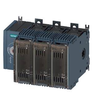 Siemens 3VA Leistungsschalter, rechteckige Form, Metallgehäuse, drei getrennte Einheiten mit Kühlrippen, Ein-/Aus-Schalter sichtbar.