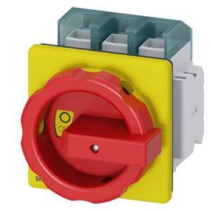 Ein roter Hauptschalter auf einem gelben Hintergrund. Der Schalter steht auf Aus-Position. Im Hintergrund sind drei Anschlüsse sichtbar.