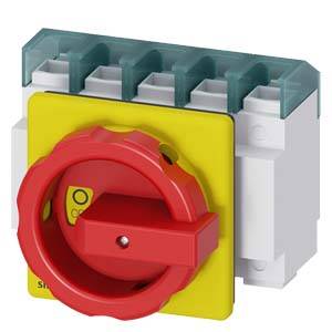 Ein roter Drehschalter mit gelber Basis, verwendet zur Steuerung von elektrischen Schaltungen, mit mehreren Anschlussklemmen oben.