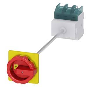 Ein roter Not-Aus-Schalter mit gelber Basis, verbunden durch eine Stange mit einem grünen Schaltmechanismus.