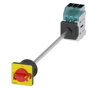Ein roter Hauptschalter mit gelbem Untergrund und schwarzer Drehstange, zur Steuerung von elektrischen Geräten.
