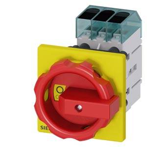 Ein roter Hauptschalter mit gelber Basis und schwarzer Beschriftung auf der Vorderseite, zur Steuerung elektrischer Geräte.
