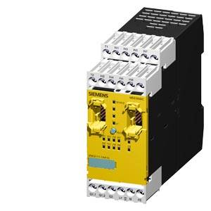 Ein gelbes Siemens Sicherheitsrelais-Modul mit mehreren Anschlussklemmen und Schaltern, für industrielle Steuerungsanwendungen.