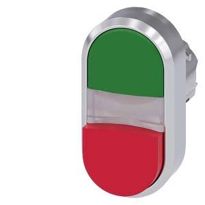 Ovaler zweifarbiger Knopf, obere Hälfte grün, untere Hälfte rot, in einem silbernen Gehäuse.