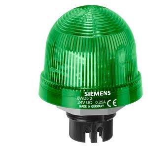 Grüne Warnleuchte von Siemens, Modell 8WD53, mit 24V und 0,25A. Beschriftung 'Made in Germany' und CE-Zertifizierung sichtbar.