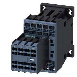 Ein schwarzer elektrischer Schütz von Siemens mit mehreren Anschlusspunkten für industrielle Anwendungen.