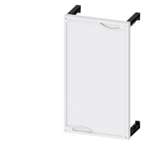 Weiße Tür mit rechteckigem Rahmen aus Metall, montiert auf schwarzem Scharnierrahmen. Geeignet für vertikale Gehäusemontage.