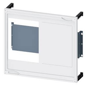 Ein weißer, rechteckiger Schaltkasten mit einem grauen Einsatz, montiert zwischen zwei schwarzen Halterungen.