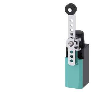 Sicherheitsendschalter mit blauem Gehäuse und Hebelarm aus Metall, seitlicher Befestigungspunkt. Wird in industriellen Anwendungen eingesetzt.