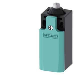 Ein türkis-schwarzer Endschalter von Siemens mit Druckknopf oben, verwendet zur Steuerung von Maschinen oder Anlagen.