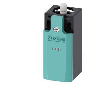 Ein hellblauer Siemens-Schalter in rechteckiger Form mit zwei schwarzen seitlichen Schrauben, oben ein weißer Knopf.