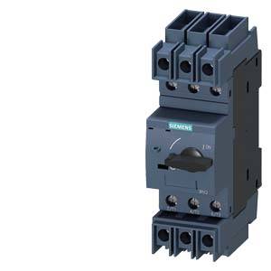 Ein elektrischer Schalter von Siemens in Industrieausführung, vertikal ausgerichtet, grau, mit mehreren Anschlussklemmen oben und unten.