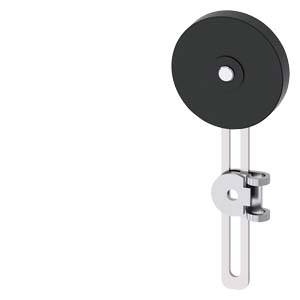 Kleine Seilrolle aus Metall mit einer schwarzen Kunststoffscheibe und einer verstellbaren Halterung zur Montage, vor weißem Hintergrund.