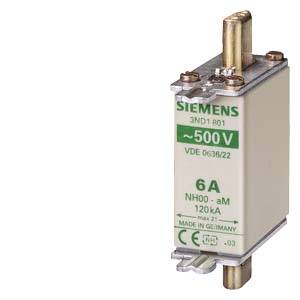 Eine elektrische NH-Sicherung von Siemens, Modell 3ND1. Sie hat eine Nennstromstärke von 6 A und eine Nennspannung von 500 V.
