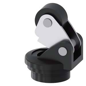 Ein detailliertes CAD-Modell einer symmetrischen Gelenkhalterung mit rotierbaren Elementen, schwarz und silber, auf transparentem Hintergrund.